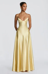 Yellow Satin V-Neck Spaghetti Strap Lace-Up Back A-Line Evening Gown