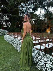 Halter Neck 3D Flower Tiered Ruffle Chiffon Maxi Gown