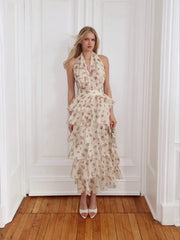 Halter Floral Tiered Ruffle Maxi Dress