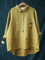 Round Neck Cotton And Linen Solid Color Top