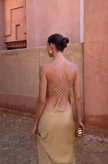 Champagne Gold Satin Halter Backless Maxi Dress