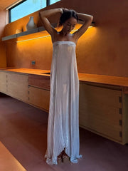 Silver Metallic Pleated Strapless Maxi Dress