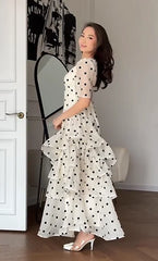 Polka Dot V Neck Puff Sleeve Tiered Ruffle Waist Maxi Dress
