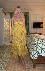 Yellow Polka Dot Halter Strapless Ruffle Tiered Vacation Maxi Dress