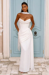 White / Red Strapless Cowl Neck Lace-Up Backless Draped Ruched Bodycon Mermaid Evening Maxi Dress