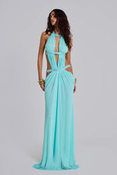 Halter Sequin Cutout Draped Maxi Gown