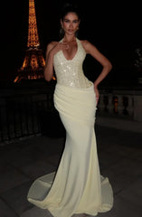 Luxury Champagne Gold Sequin Halter Backless Mermaid Evening Gown | Waist-Cinching Slimming Elegant Long Wedding Guest Dress