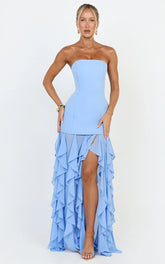 Light Blue Strapless Ruffled High-Slit Maxi Dress