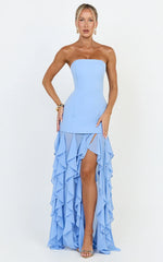 Light Blue Strapless Ruffled High-Slit Maxi Dress