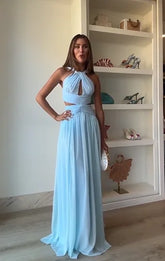 Halter Twist Cutout Waist Chiffon Maxi Dress