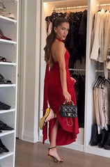 French Vintage Halter Strap Backless Waist-Cinching Red Maxi Dress | Y2K Slimming High Slit Evening Gown