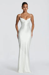 Coral Orange & Caramel Brown Satin Spaghetti Strap Bustier Lace-Up Backless Mermaid Maxi Dress