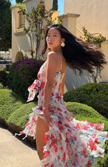Women Thin Spaghetti Strap V Neck 3D Flower Ruffled High Slit Floral Print Chiffon High Low Maxi Dress