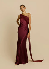 One-Shoulder Draped Sash Open Back Satin Mermaid Maxi Evening Dress