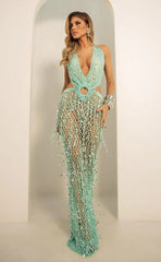 「Mint Green Crochet Lace Maxi Dress - Beach Vacation Party Dress」