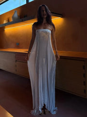 Silver Metallic Pleated Strapless Maxi Dress