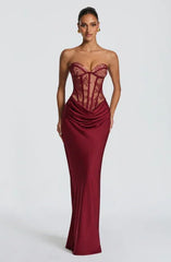 Light Blue Strapless Lace Sheer Corset Lace-Up Backless Draped Satin Mermaid Evening Gown