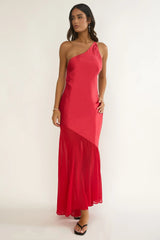 Mireya One-Shoulder Sheer Hem Maxi Dress Red