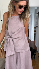 French Lazy Style Linen Cross Tie Sleeveless Top + Wide Leg Lantern Pants Set