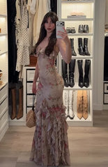 Beige Vintage Floral Print Strapless Ruffled Hem Mermaid Maxi Dress