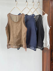 Round Neck Sleeveless Solid Color Cotton And Linen Top
