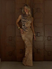 Asymmetric Turtleneck Zebra Print Open-Back Bodycon Maxi Dress