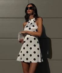French Retro Polka Dot Halter Backless Satin Mini Dress | Elegant Waist-Cinching Slimming Y2K Dress