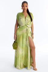 Green Watercolor V-Neck Twist Waist Slit Maxi Dress