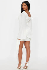 White Asymmetric Off-Shoulder Flare Sleeve Bodycon Mini Dress