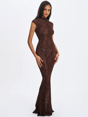Brown Flocked Leopard Print Sheer Open-Back Turtleneck Mermaid Gown