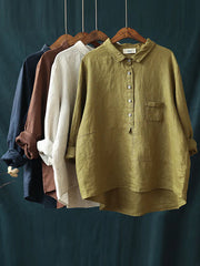 Round Neck Cotton And Linen Solid Color Top