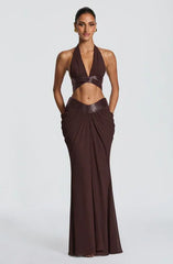 Women's Backless Cutout Short Top and Pleated Mermaid Long Skirt Two-Piece Chiffon Set