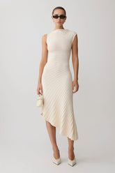 Cream Diagonal Rib Knit Asymmetric Sleeveless Midi Dress