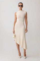 Cream Diagonal Rib Knit Asymmetric Sleeveless Midi Dress