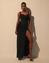 Black Lace Strap Sheer Corset Draped High Slit Maxi Evening Dress