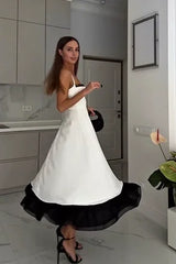 Black and White Color Block Lace Trim Cami Flared Midi Dress