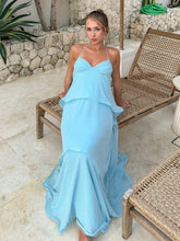 Light Blue Thin Strap V-Neck Multi-Tier Ruffle Chiffon Maxi Dress