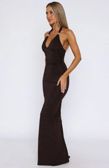 Waste A Moment Halter Maxi Dress Chocolate