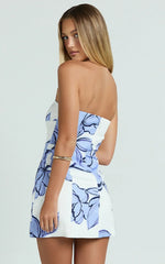 Strapless A Line Dress in Blue Floral