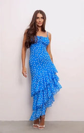 French Vintage Polka Dot Cami Waist-Cinching Asymmetric Ruffle Mermaid Maxi Dress