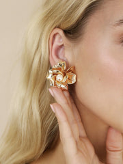 Golden Petals and Pearl Stud Earrings