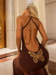 Dark Brown Halter Backless Chain Butterfly Embroidery Slit Mermaid Maxi Dress