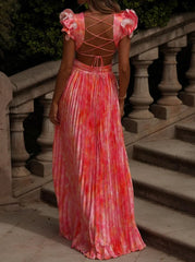 Ruffle Sleeve Deep V Cutout Criss Cross Back Gradient Pleated Satin Maxi Dress