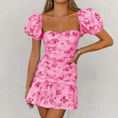 New Bell Sleeve Sexy Digital Printed Puff Sleeve Mid-Rise Short Dress