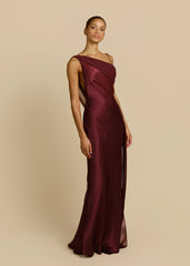 One-Shoulder Draped Sash Open Back Satin Mermaid Maxi Evening Dress