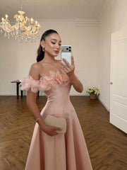 3D Floral Off-Shoulder Satin A-Line Gown