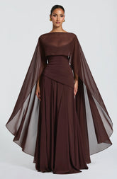 High-End Dark Coffee Cape-Style Backless Lace-Up Waist-Cinched Flowy Gown