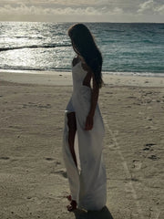 White Satin Open-Back High-Slit Strappy Vacation Maxi Dress
