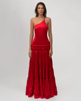 One-Shoulder Open-Back Satin Tiered Maxi Dress