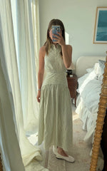 Light Green Striped Stand Collar Sleeveless Fitted Waist Flared Midi Dress